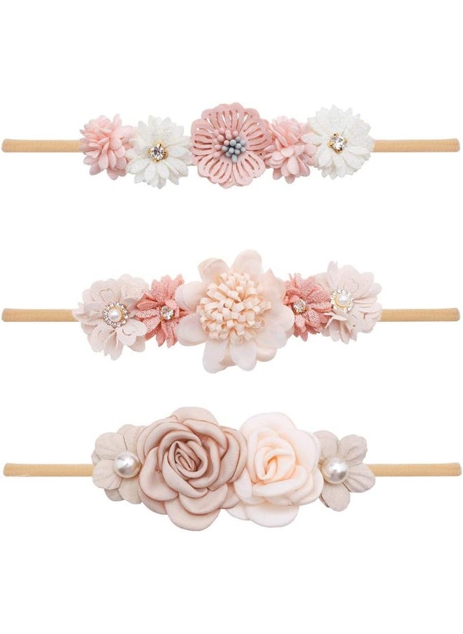 cherrboll 3pcs Cute Baby Girl Headbands Flowers, Super Soft & Stretchy Nylon Floral Hairbands for Newborn Toddler, Baby Gift