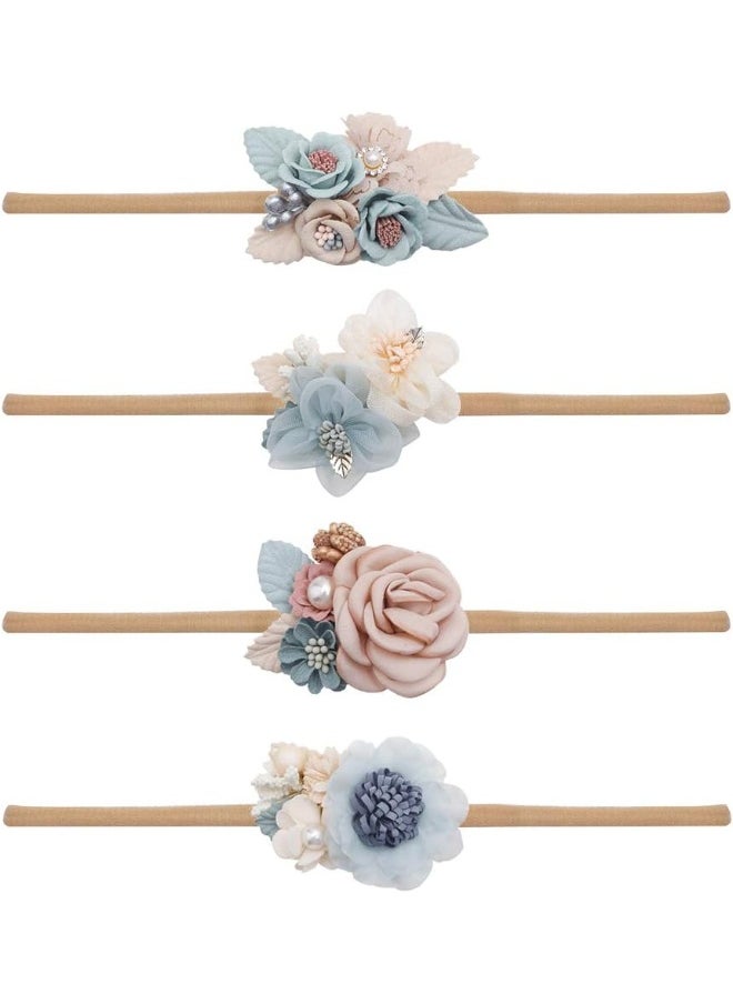 cherrboll 4pcs Baby Girl Headbands Flowers, Super Soft & Stretchy Nylon Floral Hairbands Baby Accessories for Newborn Toddler
