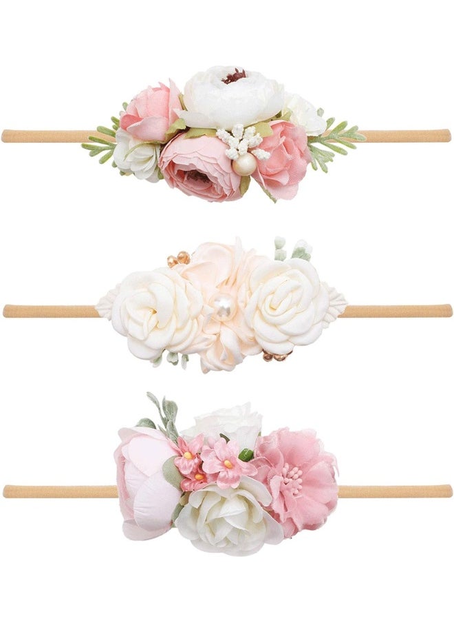 mligril Baby Girl Flower Headbands Set-Elastic Hair Band Crown Flower Wraps for Newborn Infant Toddler 3Pcs