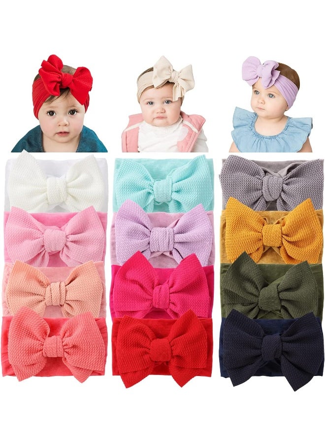 Cinaci 12 Pack Solid Stretchy Nylon Headbands with Big Bow Hair Accessories Wide Headwraps for Baby Girls Infants Toddlers Kids