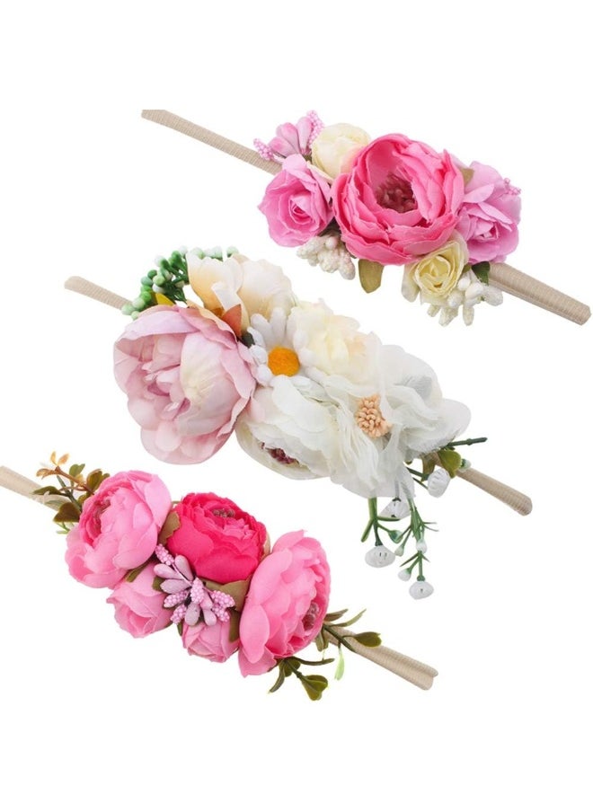 Baby Girl Floral Headbands Set - 3pcs Flower Crown Elastic Hairband Newborn Toddler Hair Accessories Gifts for Girls