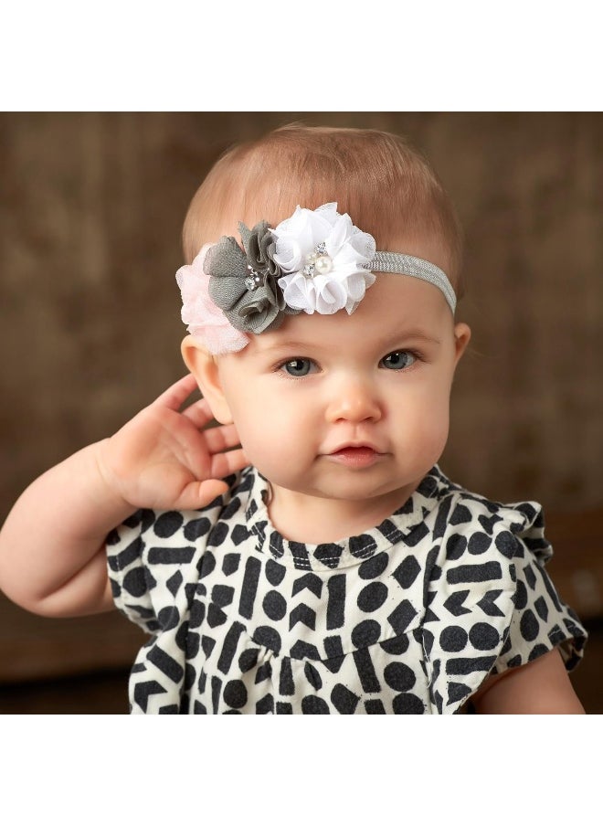 Flower Headbands Baby - Girls - Toddler Fabric Beaded Stretchy Elastic Pair