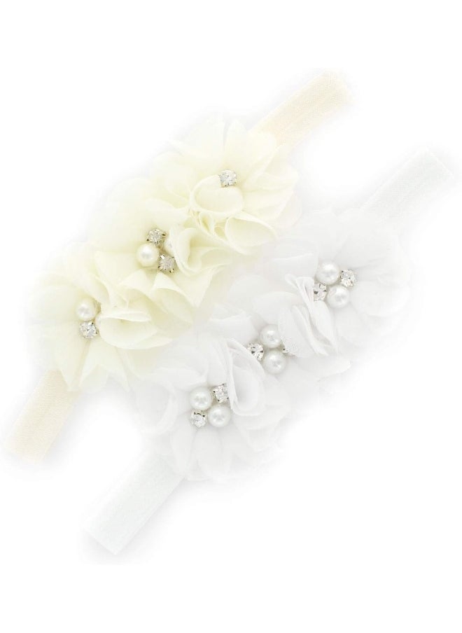 Flower Headbands Baby - Girls - Toddler Fabric Beaded Stretchy Elastic Pair
