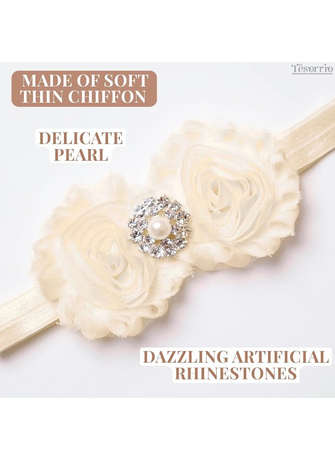 Baby Girls Lace Headband for Girls - Boho Chic Baby Girl Headband with Bow Lace Cream Infant Wrap Pearl Hair Bows for Girls - Girls Headband Elastic Baby Turban Headband Newborn Baby Girl Accessories