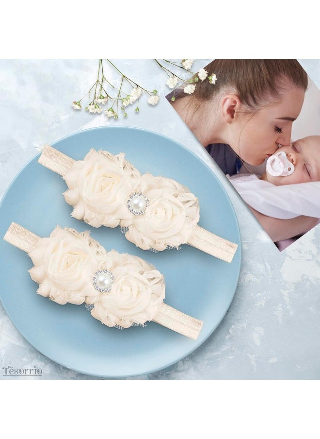 Baby Girls Lace Headband for Girls - Boho Chic Baby Girl Headband with Bow Lace Cream Infant Wrap Pearl Hair Bows for Girls - Girls Headband Elastic Baby Turban Headband Newborn Baby Girl Accessories