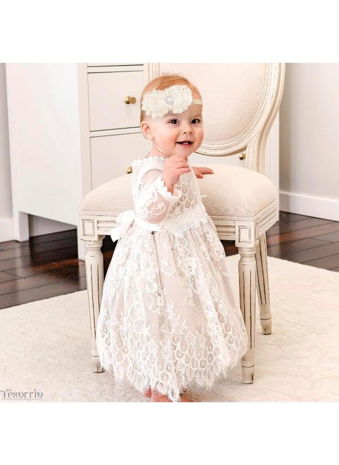 Baby Girls Lace Headband for Girls - Boho Chic Baby Girl Headband with Bow Lace Cream Infant Wrap Pearl Hair Bows for Girls - Girls Headband Elastic Baby Turban Headband Newborn Baby Girl Accessories