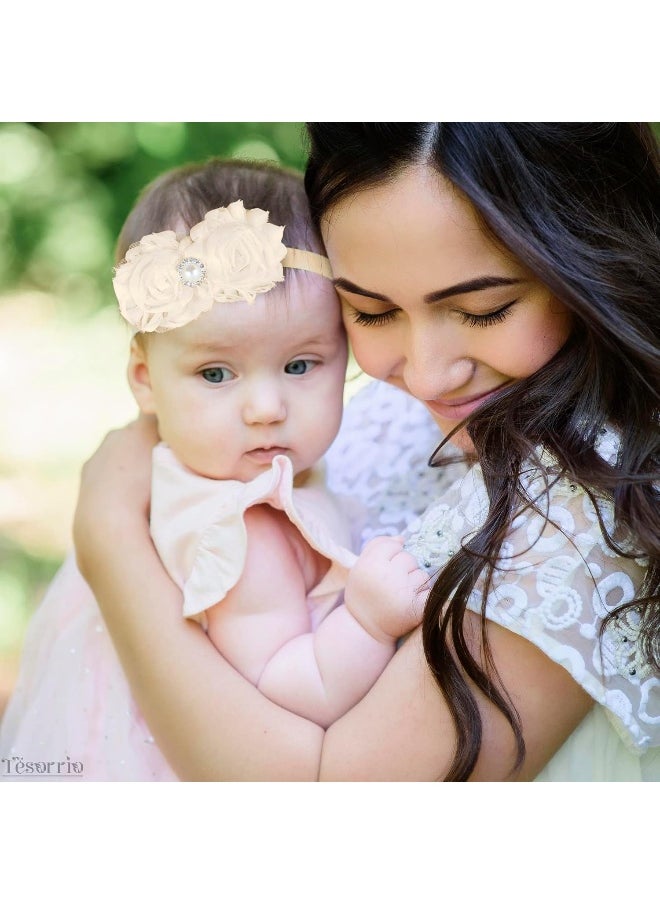 Baby Girls Lace Headband for Girls - Boho Chic Baby Girl Headband with Bow Lace Cream Infant Wrap Pearl Hair Bows for Girls - Girls Headband Elastic Baby Turban Headband Newborn Baby Girl Accessories