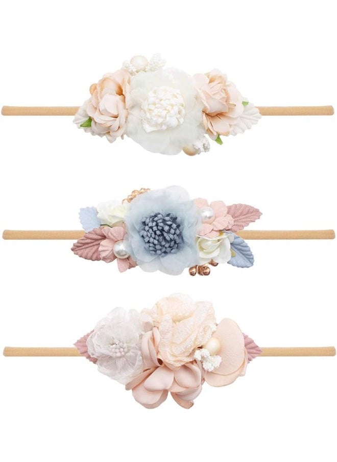 mligril Baby Girl Flower Headbands Set-Elastic Hair Band Crown Flower Wraps for Newborn Infant Toddler 3Pcs