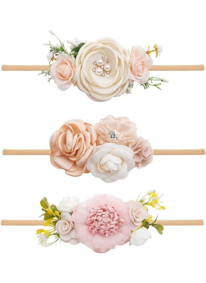 mligril Baby Girl Floral Headbands Set - 3pcs Flower Crown Elastic Hairband Newborn Toddler Hair Accessories Gifts for Girls (1-6 years old)