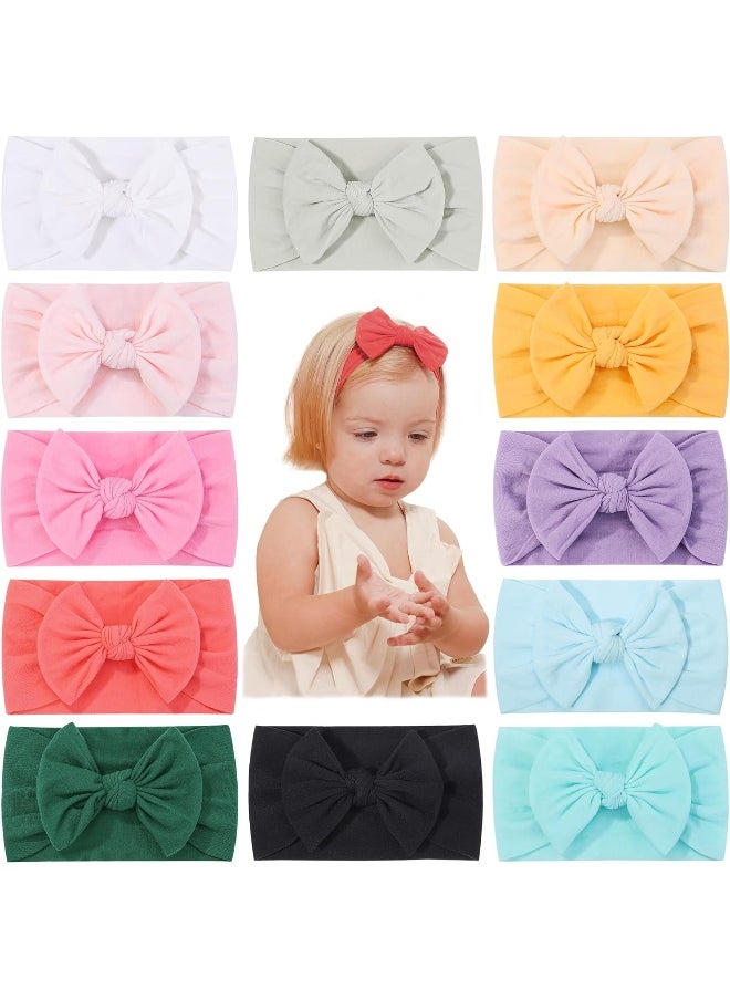 jollybows 12pcs Baby Nylon Headbands With Bow Elastic Hairband For Girls Newborn Infant Toddlers Kids Hair Accessories- Soft Light Color Set