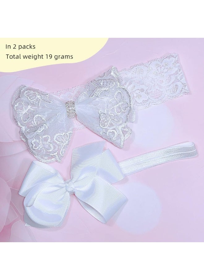 Nishine 2 Pack Baptism White Newborn Bowknot Headbands Baby Christening Hair Bows Headwrap Toddler Hairband