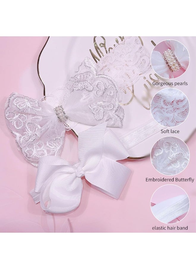 Nishine 2 Pack Baptism White Newborn Bowknot Headbands Baby Christening Hair Bows Headwrap Toddler Hairband