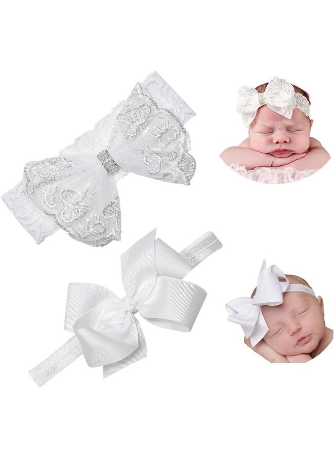 Nishine 2 Pack Baptism White Newborn Bowknot Headbands Baby Christening Hair Bows Headwrap Toddler Hairband
