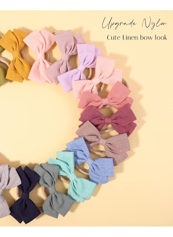 jollybows 20pcs Baby Girls Nylon Hair Bows Headbands Linen Hair Bands Elastic Hair Accessories for Kids Infants Newborn