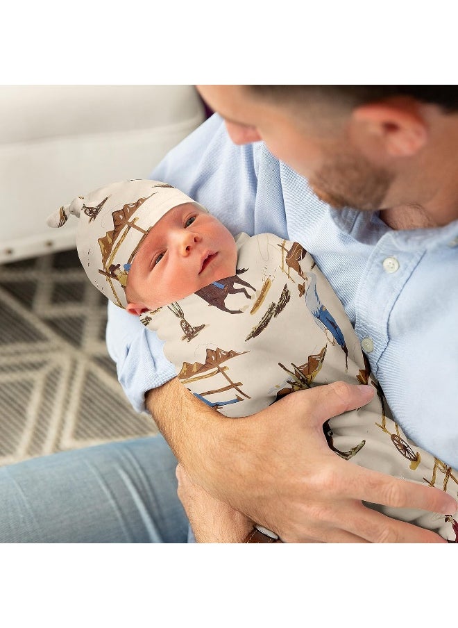 Sweet Jojo Designs Wild West Cowboy Baby Boy Cocoon and Beanie Hat 2pc Set Jersey Stretch Knit Sleeping Bag for Infant Newborn Nursery Sleep Wrap Sack