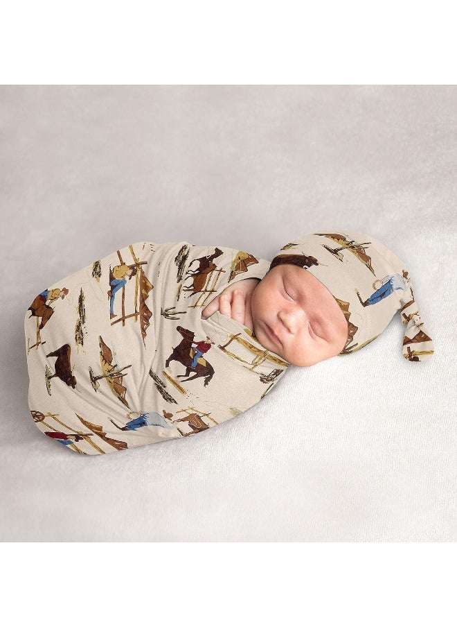 Sweet Jojo Designs Wild West Cowboy Baby Boy Cocoon and Beanie Hat 2pc Set Jersey Stretch Knit Sleeping Bag for Infant Newborn Nursery Sleep Wrap Sack