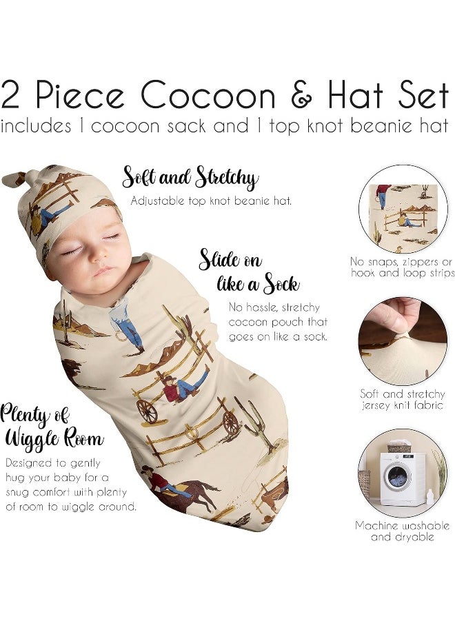 Sweet Jojo Designs Wild West Cowboy Baby Boy Cocoon and Beanie Hat 2pc Set Jersey Stretch Knit Sleeping Bag for Infant Newborn Nursery Sleep Wrap Sack