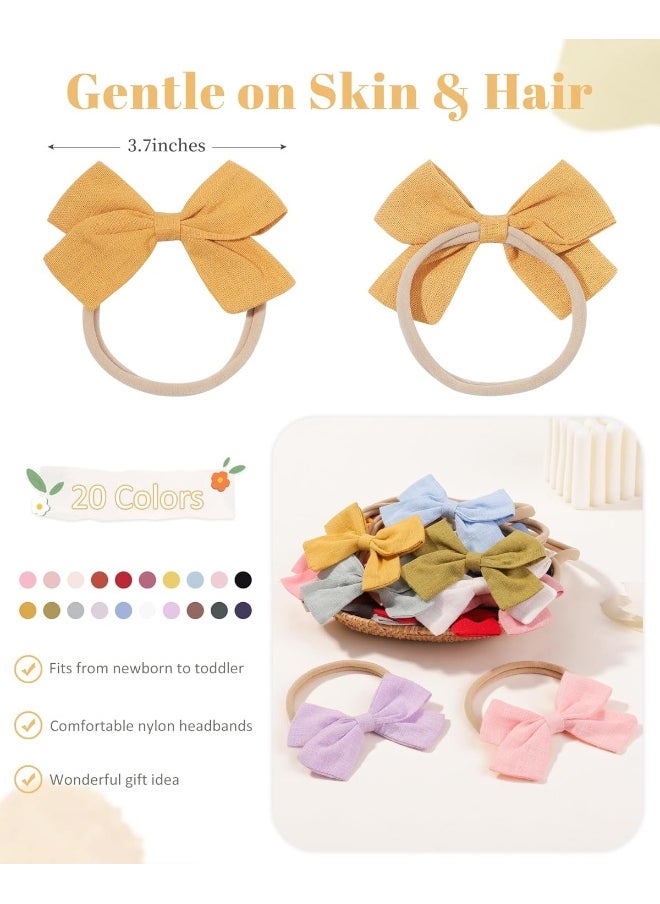 jollybows 20pcs Baby Girls Nylon Hair Bows Headbands Linen Hair Barrettes Hair Bands Elastic Hair Accessories for Kids Infants Newborn