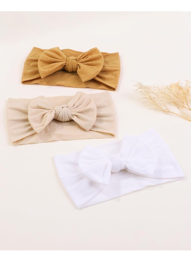 jollybows 3PCS Baby Nylon Headbands Hairbands Hair Bow Elastics for Baby Girls Newborn Infant Toddlers Kids - White Beige Ginger