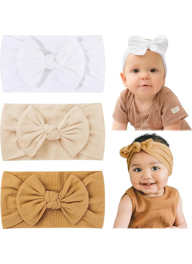 jollybows 3PCS Baby Nylon Headbands Hairbands Hair Bow Elastics for Baby Girls Newborn Infant Toddlers Kids - White Beige Ginger
