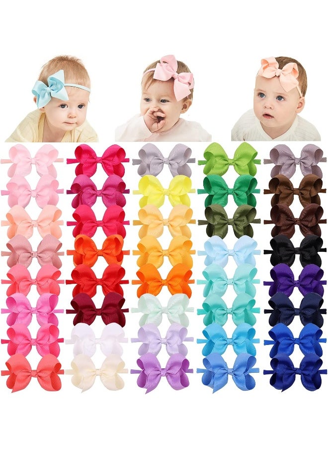jollybows 40pcs 4inches Baby Girls Grosgrain Ribbon Hair Bows Headbands Nylon Elastic Hair Band Hair Accessories for Infants Newborn