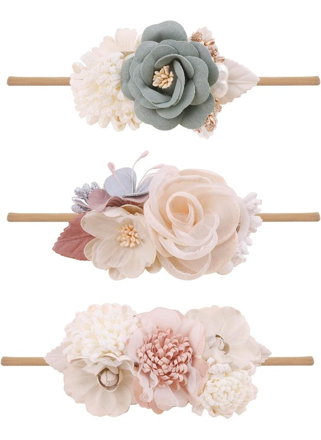 Baby Girl Bows Floral Headbands Set - 3pcs Flower Crown Elastic Hairband Newborn Toddler Hair Accessories Gifts for Girls (1-6 years old)