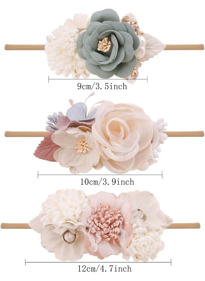 Baby Girl Bows Floral Headbands Set - 3pcs Flower Crown Elastic Hairband Newborn Toddler Hair Accessories Gifts for Girls (1-6 years old)