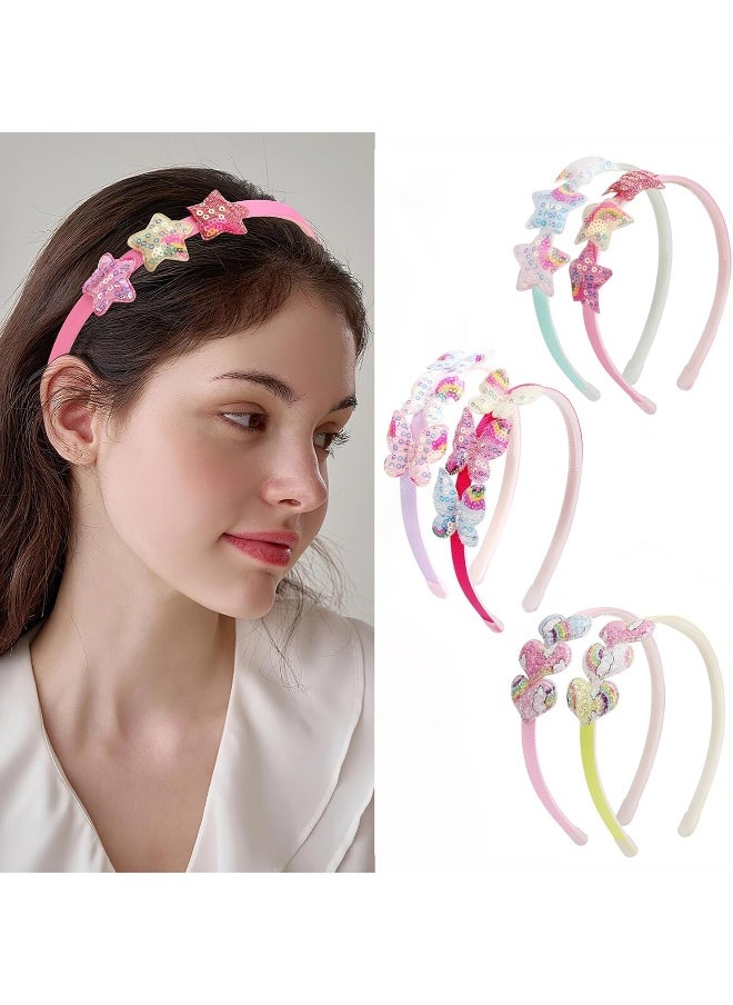 Fishdown Girls Headbands for Kids Glitter Toddler Girl Sequin Headbands Glitter Heart Rainbow Butterfly Star Non-slip Headbands with Teeth (6 PCS)