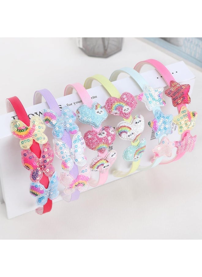 Fishdown Girls Headbands for Kids Glitter Toddler Girl Sequin Headbands Glitter Heart Rainbow Butterfly Star Non-slip Headbands with Teeth (6 PCS)