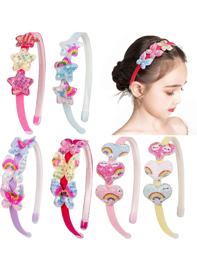 Fishdown Girls Headbands for Kids Glitter Toddler Girl Sequin Headbands Glitter Heart Rainbow Butterfly Star Non-slip Headbands with Teeth (6 PCS)