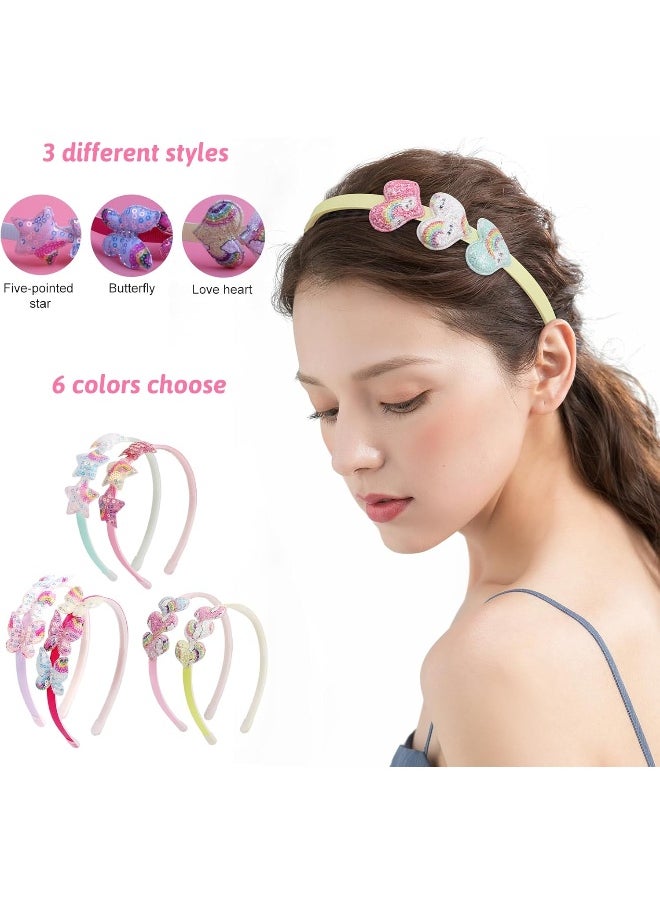 Fishdown Girls Headbands for Kids Glitter Toddler Girl Sequin Headbands Glitter Heart Rainbow Butterfly Star Non-slip Headbands with Teeth (6 PCS)
