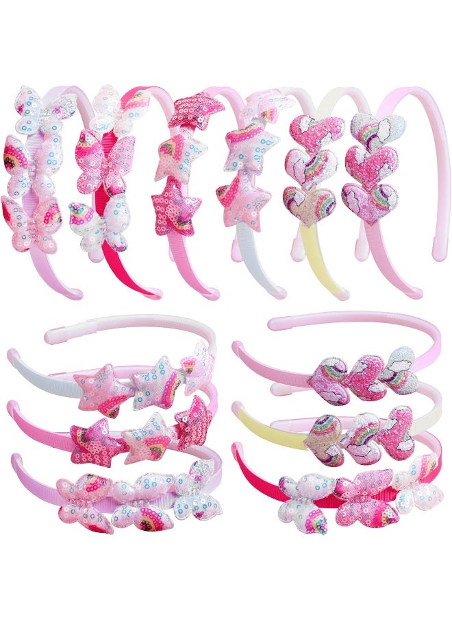 Fishdown Girls Headbands for Kids Glitter Toddler Girl Sequin Headbands Glitter Heart Rainbow Butterfly Star Non-slip Headbands with Teeth (6 PCS)