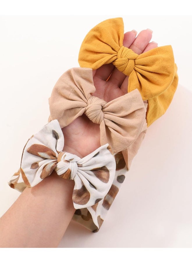 jollybows 3PCS Baby Nylon Headbands Hairbands Hair Bow Elastics for Baby Girls Newborn Infant Toddlers Kids - Khaki Mustard Leopard Print