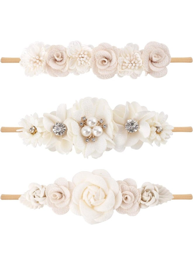 cherrboll 3pcs Baby Girl Headbands Flowers, Super Soft & Stretchy Nylon Floral Hairbands for Newborn Toddler