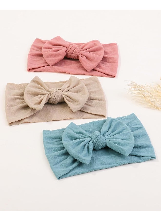 jollybows 3PCS Baby Nylon Headbands Hairbands Hair Bow Elastics for Baby Girls Newborn Infant Toddlers Kids - Baby Pink Baby Blue Khaki