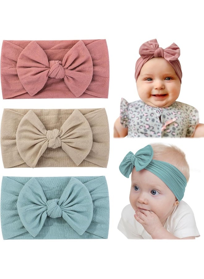 jollybows 3PCS Baby Nylon Headbands Hairbands Hair Bow Elastics for Baby Girls Newborn Infant Toddlers Kids - Baby Pink Baby Blue Khaki