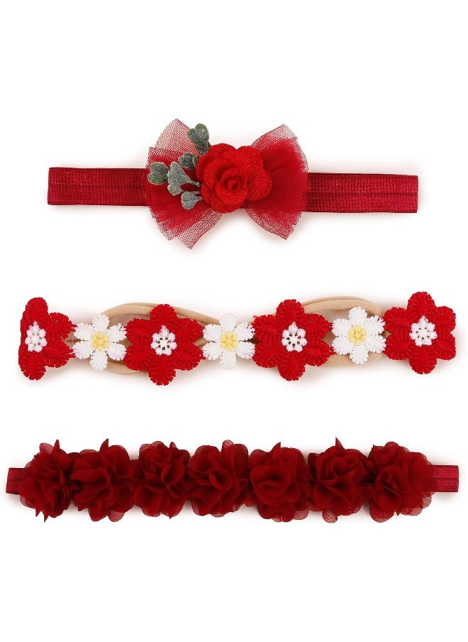 cherrboll Baby Girl Nylon Headbands, 3Pcs Handmade Floral Hair Bows, Stretchy Flower Hairbands for Newborns Infants Toddlers