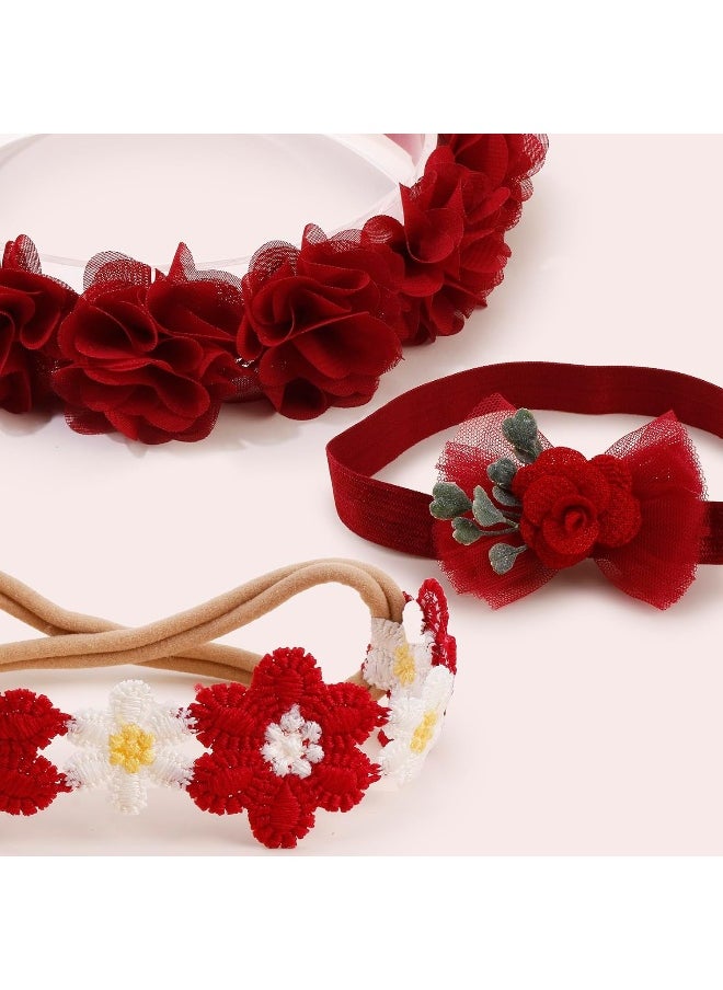 cherrboll Baby Girl Nylon Headbands, 3Pcs Handmade Floral Hair Bows, Stretchy Flower Hairbands for Newborns Infants Toddlers