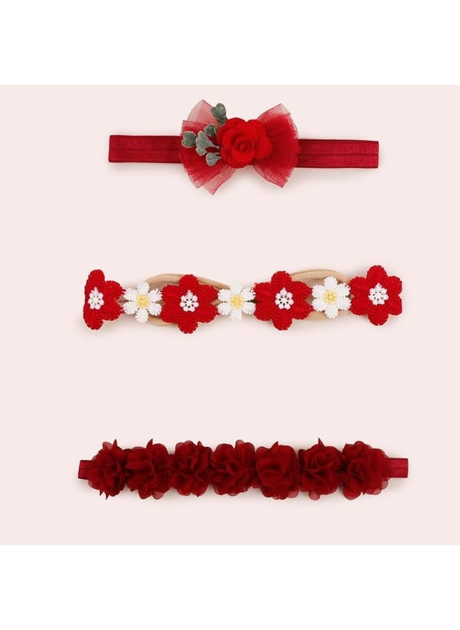 cherrboll Baby Girl Nylon Headbands, 3Pcs Handmade Floral Hair Bows, Stretchy Flower Hairbands for Newborns Infants Toddlers
