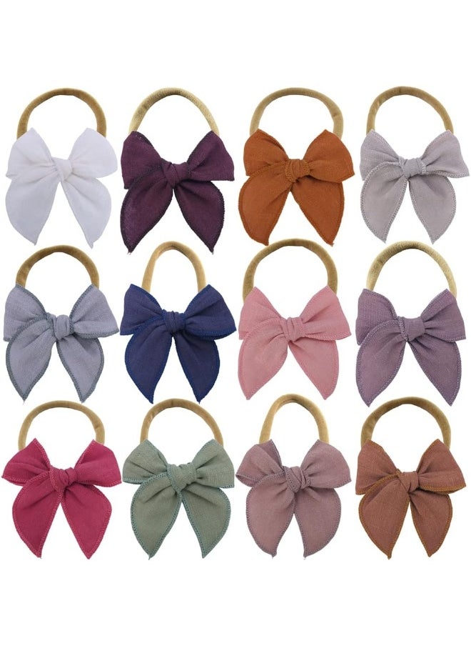 Sugarmelon Linen Bow Nylon Headband for Baby Newborn Infant Toddler Hair Bow Elastic Bands for Baby Girls Little Kids Headbands (Linen Fable bow 3'')