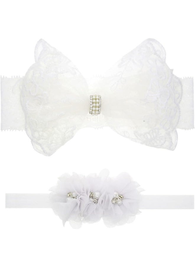 Nishine 2 Pack Baptism White Newborn Bowknot Headbands Baby Christening Hair Bows Headwrap Toddler Hairband (Circle Button)