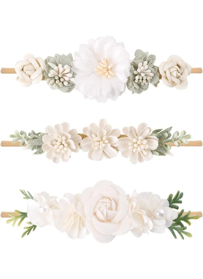 cherrboll 3pcs Baby Girl Flower Headbands, Super Soft & Stretchy Nylon Floral Hairbands for Newborn Toddler