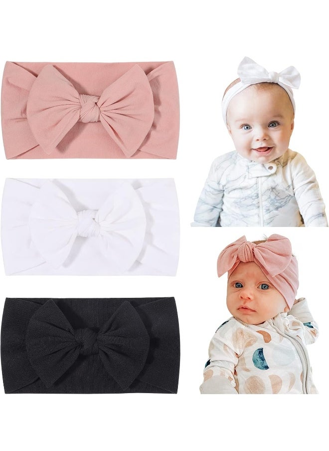 jollybows 3PCS Baby Nylon Headbands Hairbands Hair Bow Elastics for Baby Girls Newborn Infant Toddlers Kids - Black White Pink