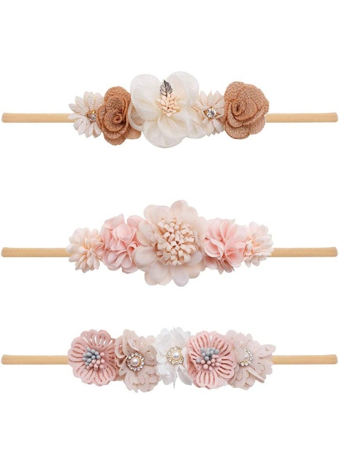 Baby Girl Flower Headbands Set-Elastic Hair Band Crown Flower Wraps for Newborn Infant Toddler 3Pcs