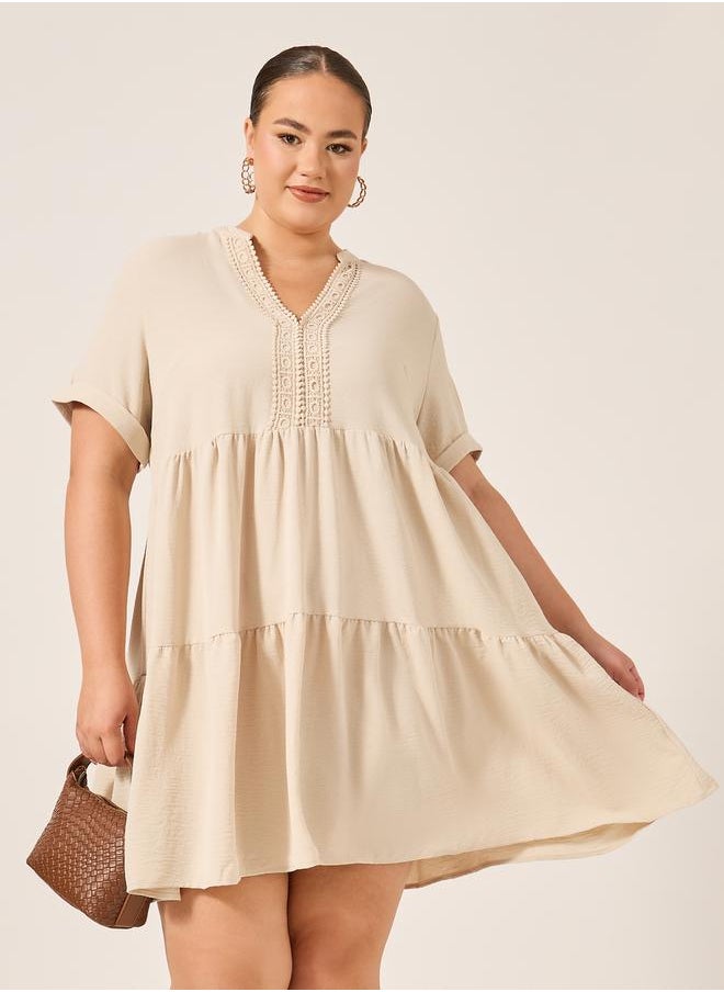 Beige A-Line Mini Dress with Lace Detail