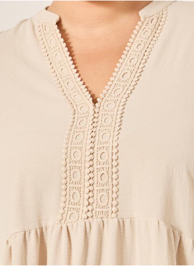Beige A-Line Mini Dress with Lace Detail