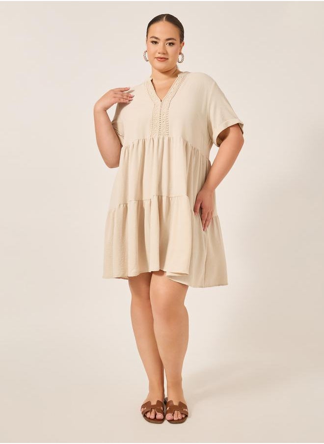 Beige A-Line Mini Dress with Lace Detail