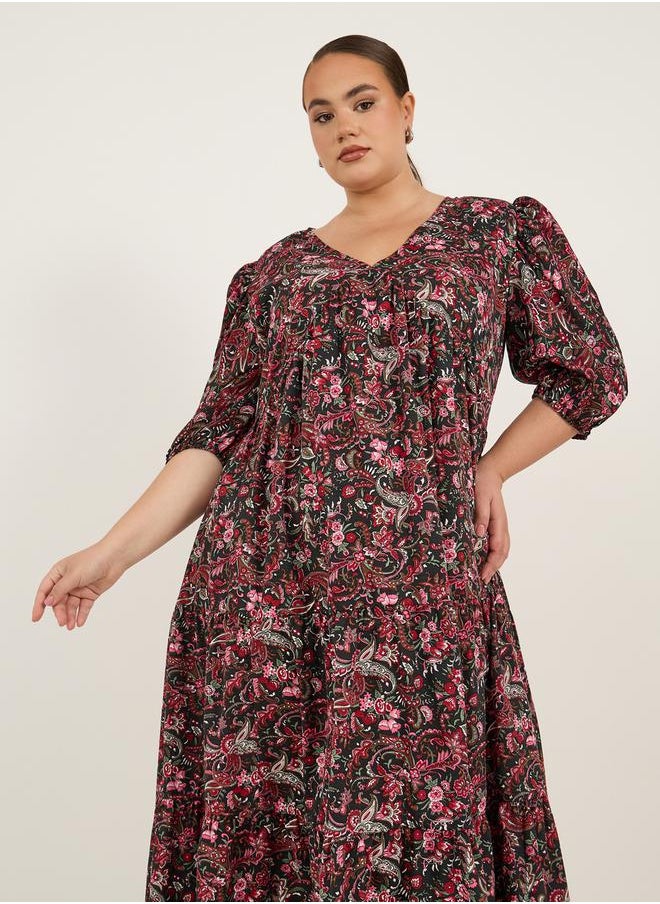 Plus Size Floral Print V-Neck Midi Dress