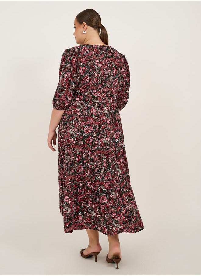 Plus Size Floral Print V-Neck Midi Dress