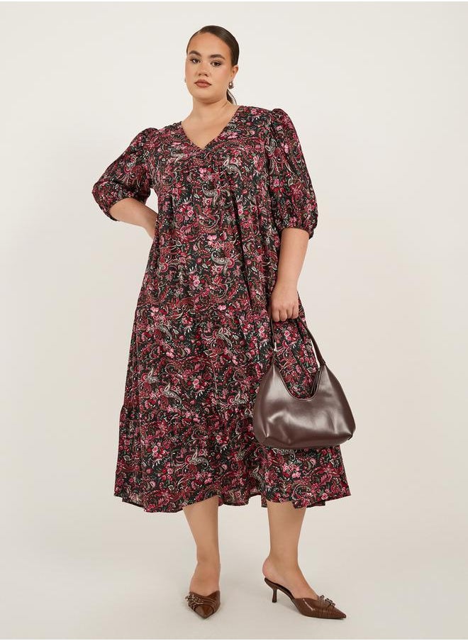 Plus Size Floral Print V-Neck Midi Dress